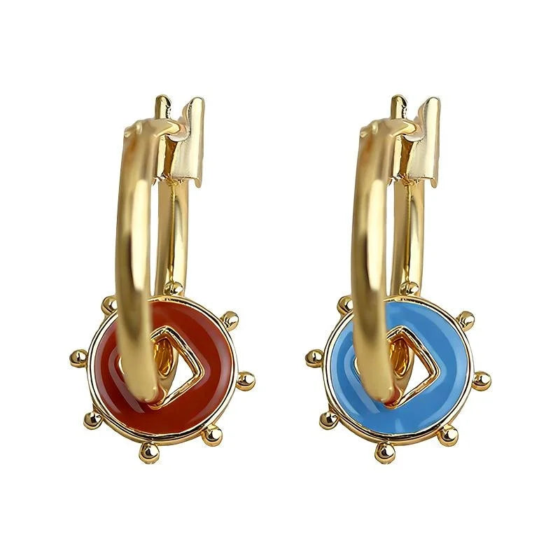 Light Luxury Asymmetric Copper Drip Glaze Geometric Circle Drop Earrings, New Chinese Style