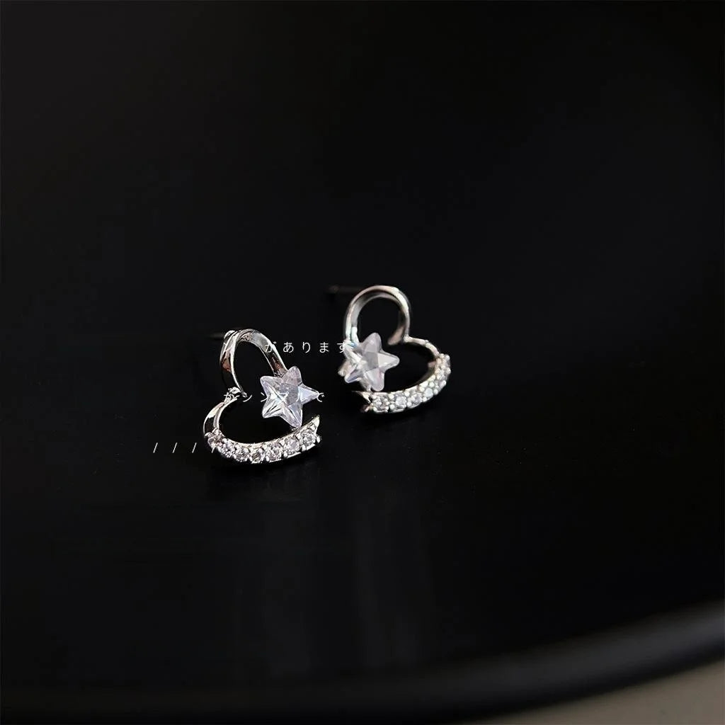 Sweet Cool Micro Pave Zircon Heart Star Stud Earrings, Copper Hollow Line Design