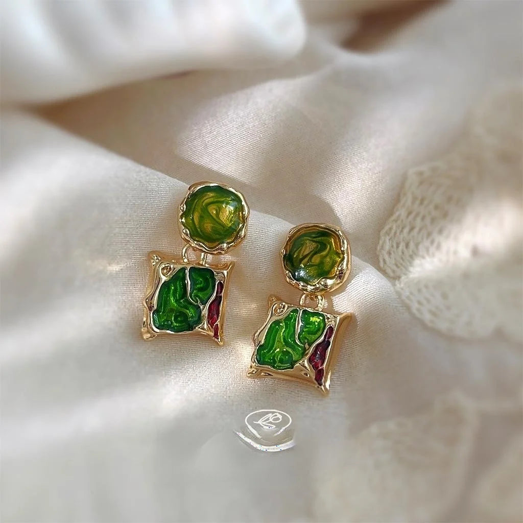 New Chinese Vintage Green Enamel Irregular Geometric Metal Drop Earrings