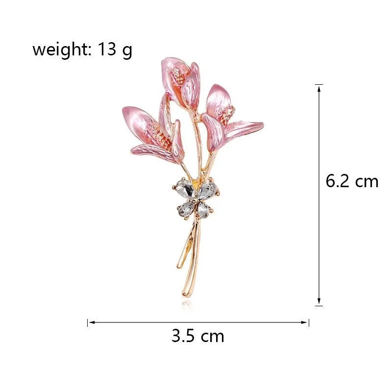 Elegant Pink Enamel Lily Flower Brooch With Rhinestone Butterfly Accent, Gold Alloy Lapel Pin Gift