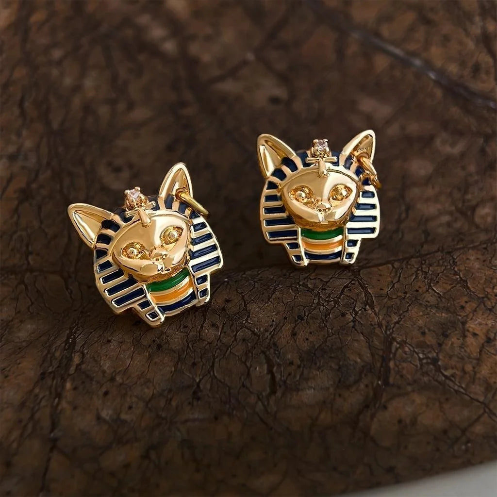 Vintage Egyptian Cat Head Pharaoh Stud Earrings 14K Plated Copper Enamel Irregular