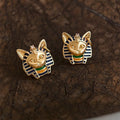 Vintage Egyptian Cat Head Pharaoh Stud Earrings 14K Plated Copper Enamel Irregular