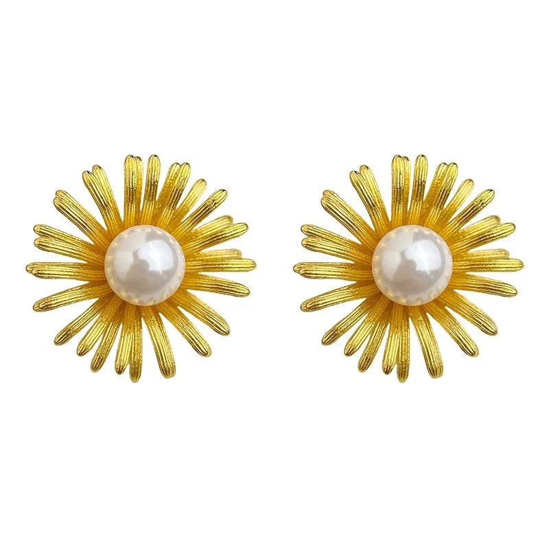 French Vintage 14K Plated Copper Sunflower Glass Pearl Drop Earrings For Women
