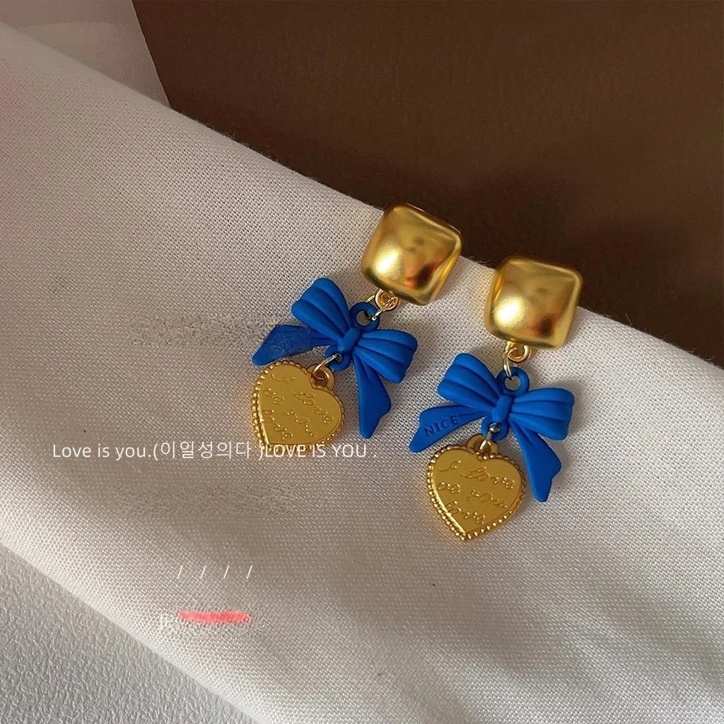 14K Gold Plated Copper Blue Enamel Bow Stud Earrings For Women Light Luxury Heart Square Jewelry