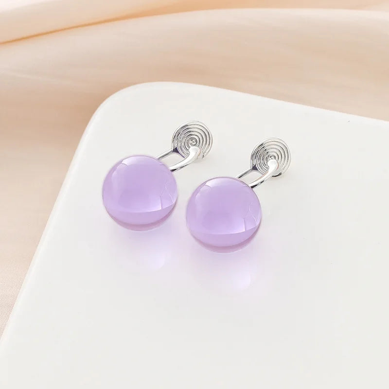 Elegant Purple Crystal Round Bead Dangle Stud & Clip On No Piercing Women's Fashion Earrings