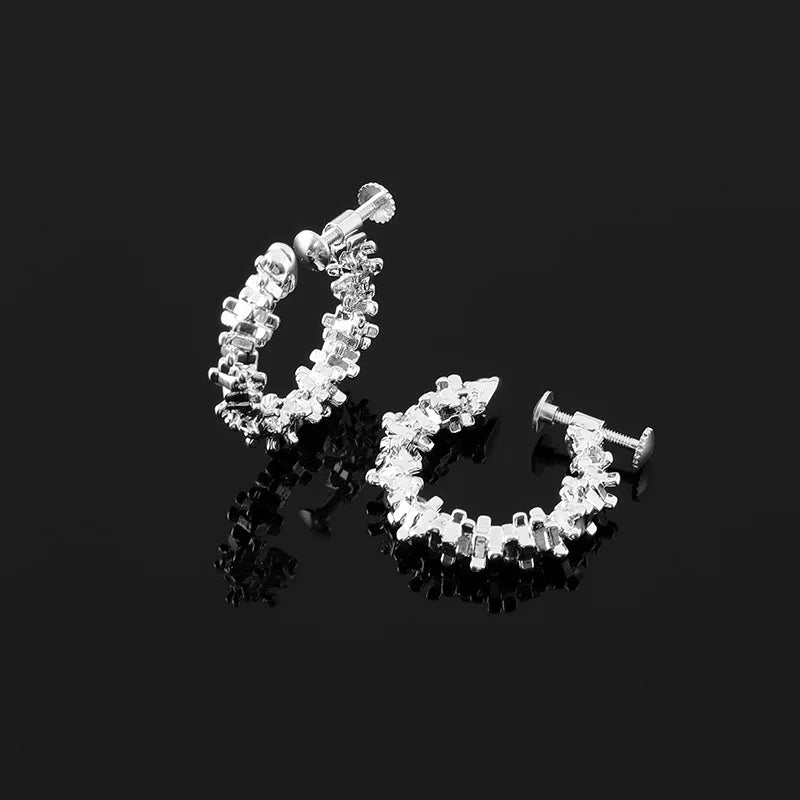 Elegant Silver Alloy Sparkle Textured Hoop Stud & Clip On No Piercing Daily Minimalist Earrings