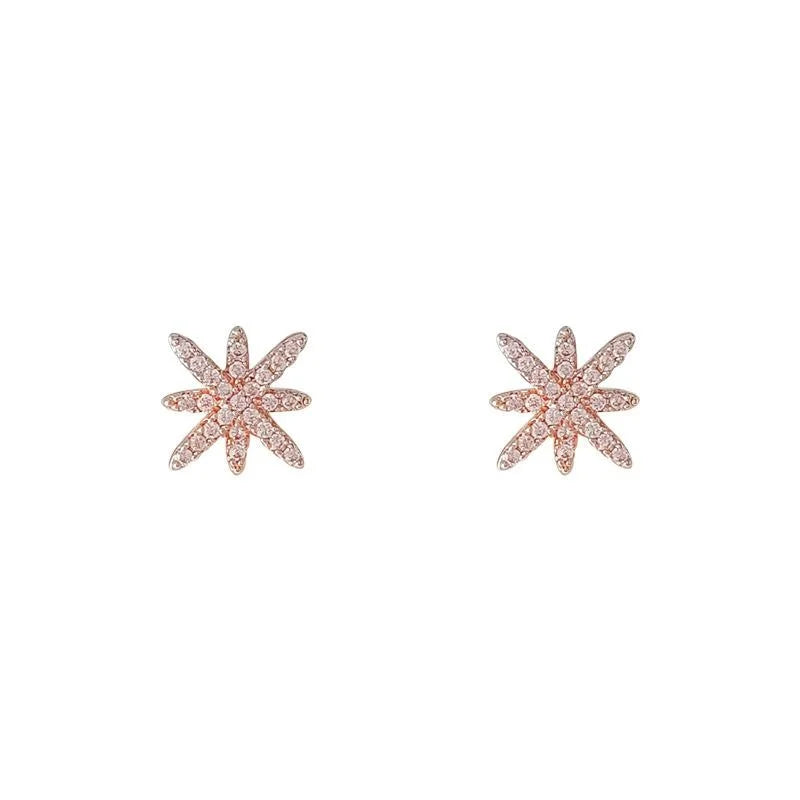 Rose Gold Copper Zircon Eight Point Star Stud Earrings Minimalist Snowflake Design for Women