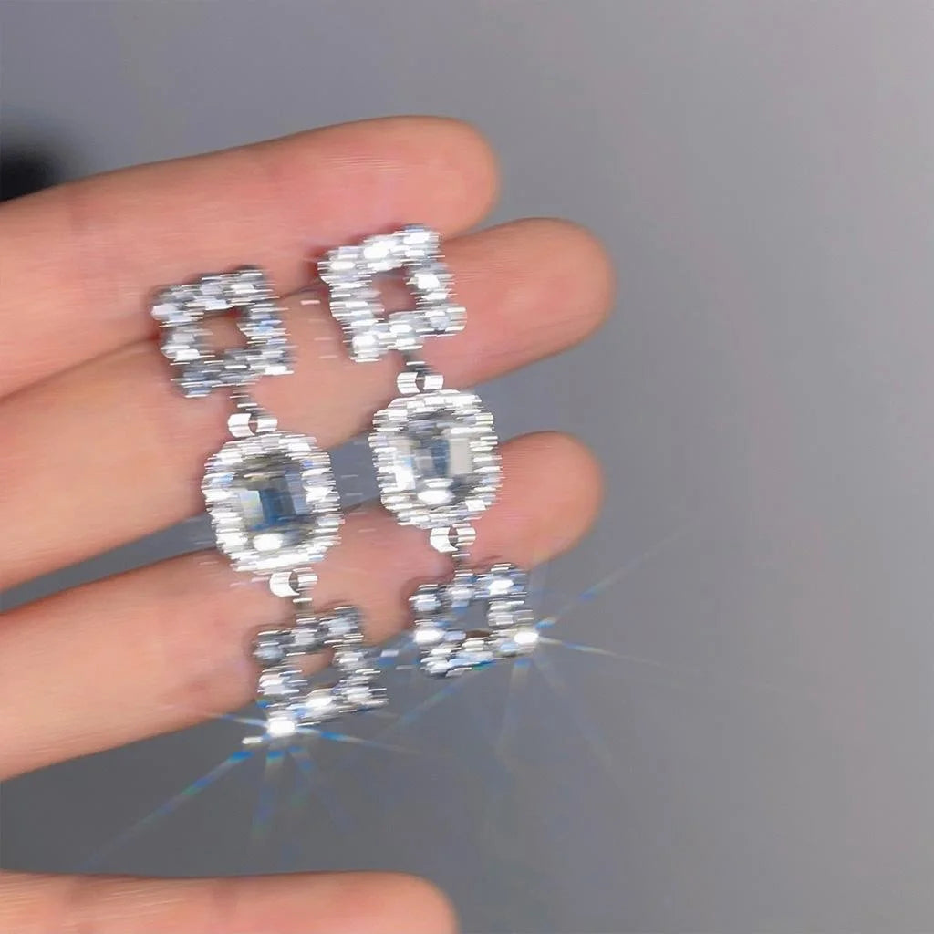 Light Luxury Geometric Square Glass Rhinestone Long Stud Earrings For Evening Wear
