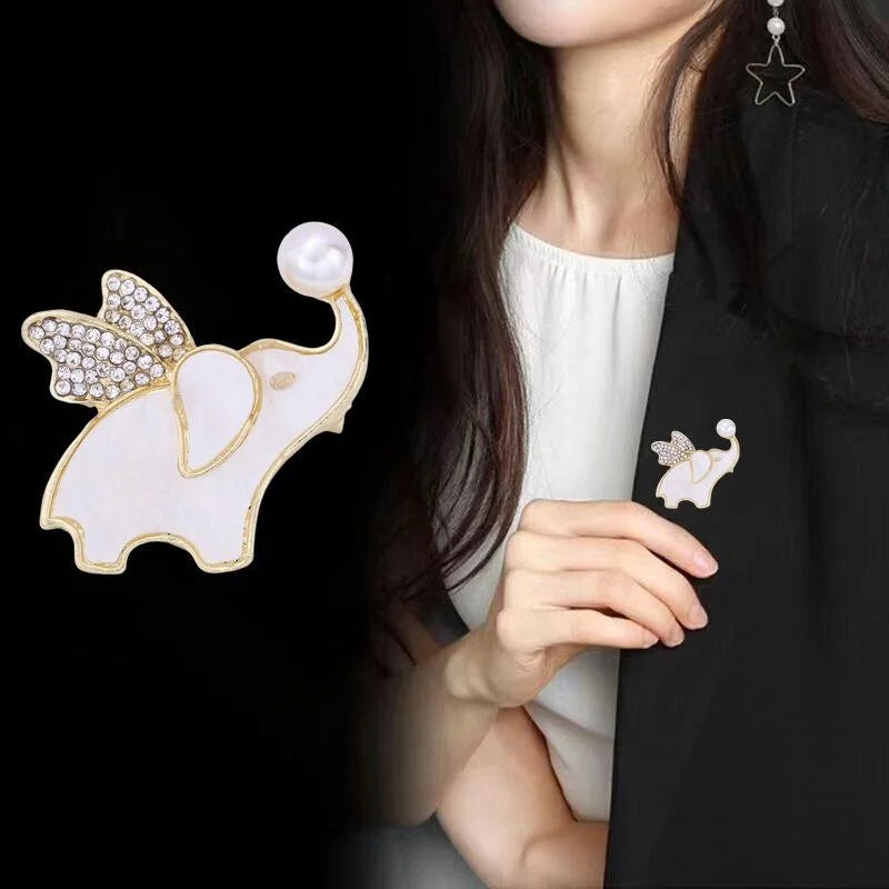Cute Flying Elephant Mother Of Pearl And Rhinestone Brooch, Silver Alloy Animal Lapel Pin Gift