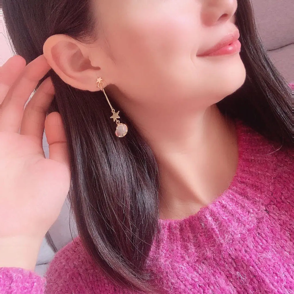 Elegant Gold Alloy Spiral Star Cat Eye Stone Long Drop Stud & Clip On No Piercing Earrings