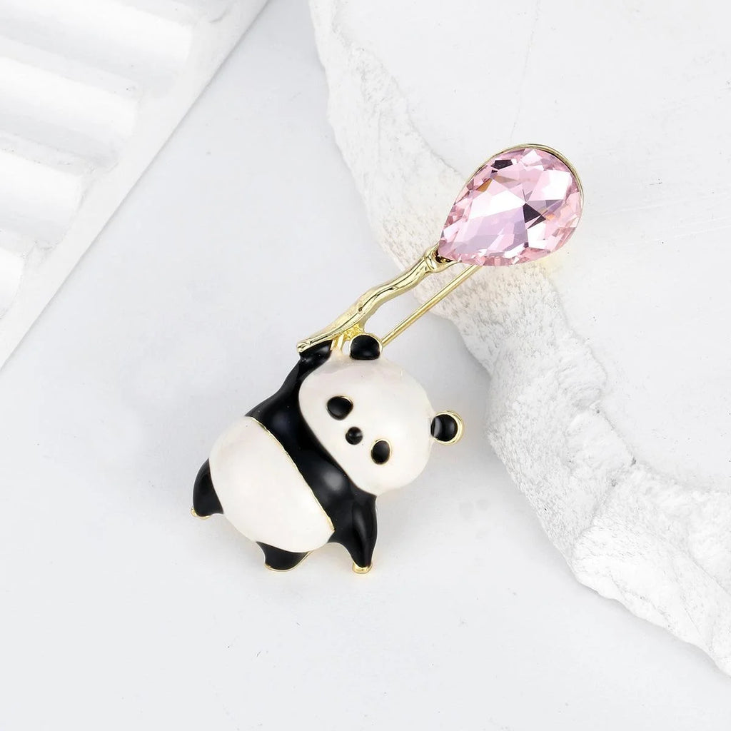 Cute Enamel Panda Holding Pink Rhinestone Balloon Brooch, Gold Tone Alloy Lapel Pin Corsage Gift