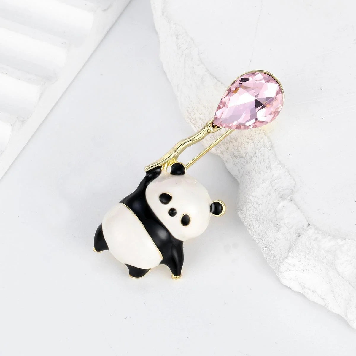 Cute Enamel Panda Holding Pink Rhinestone Balloon Brooch, Gold Tone Alloy Lapel Pin Corsage Gift