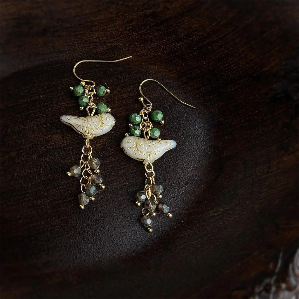 Handmade Glazed Glass Grape Cluster Bird Drop Earrings Forest Sweet Original Design Jewelry