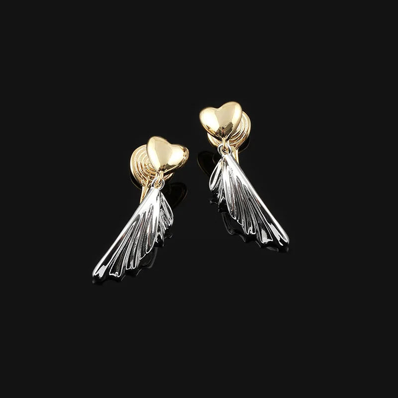 Elegant Gold Silver Two Tone Alloy Heart Fishtail Dangle Stud & Clip On No Piercing Earrings