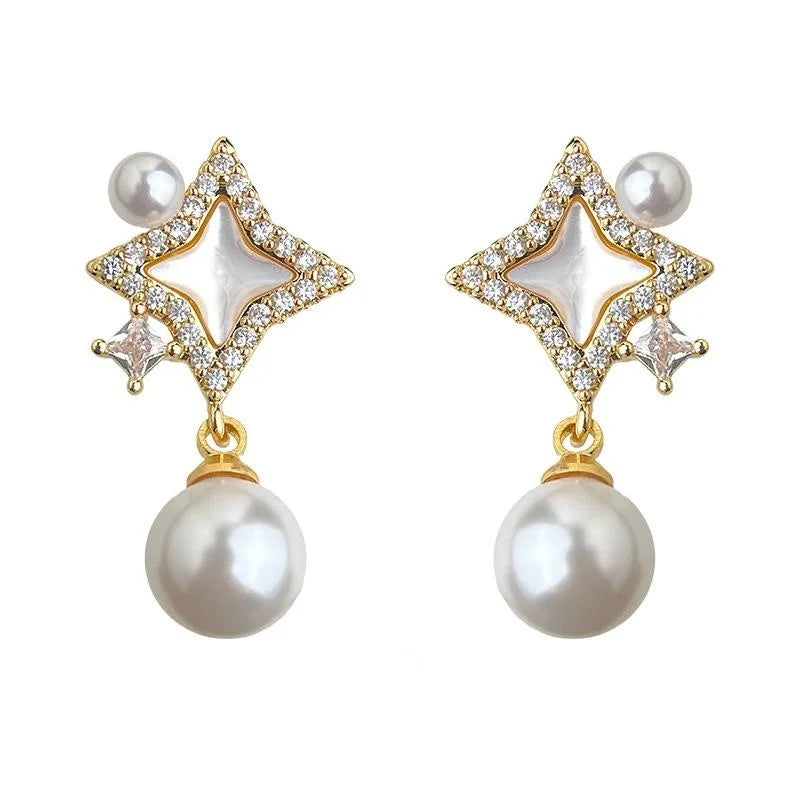 Light Luxury Copper Real Shell Zircon Pearl Tassel Starburst Drop Earrings For Women
