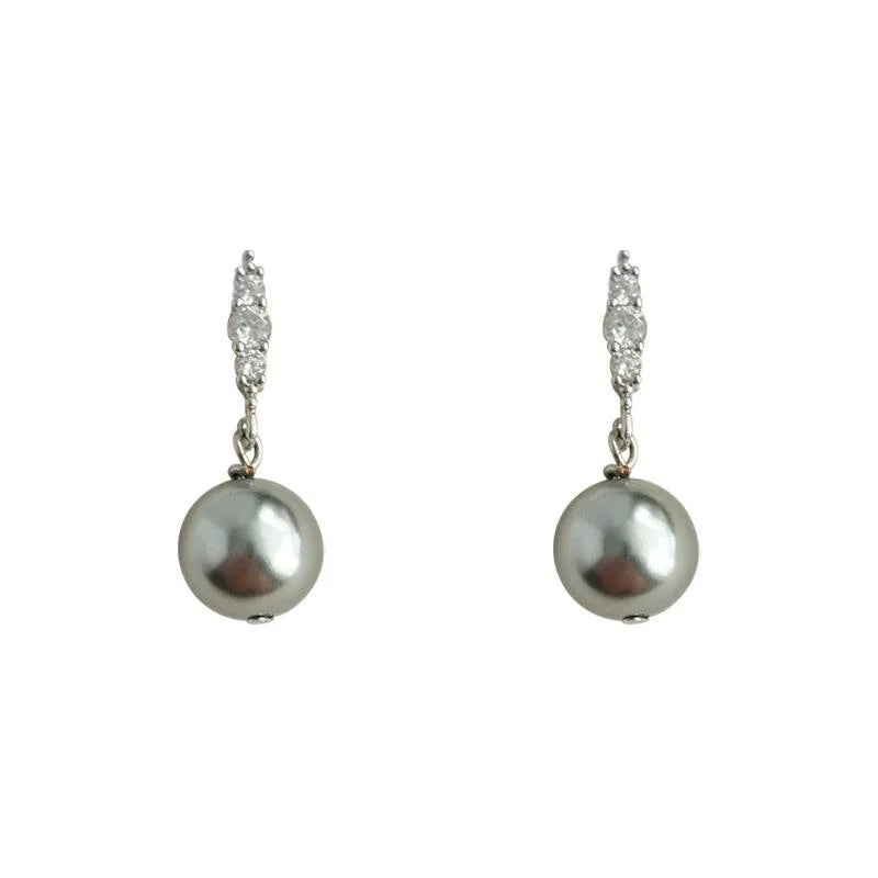 Vintage Geometric Gray Glass Pearl Drop Earrings With Micro Pave Zircon Copper Setting