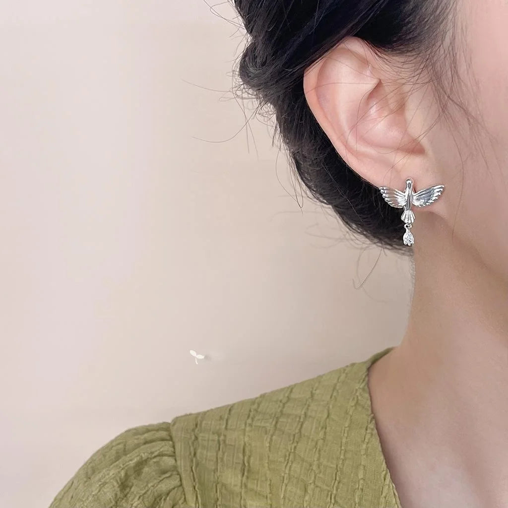 Original Designer Copper Zircon Bird Stud Earrings, Niche Style Jewelry