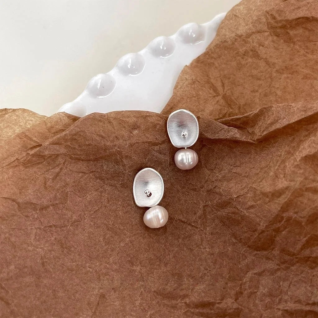 Matte Silver Brushed Copper Freshwater Pearl Irregular Geometric Drop Earrings For Women