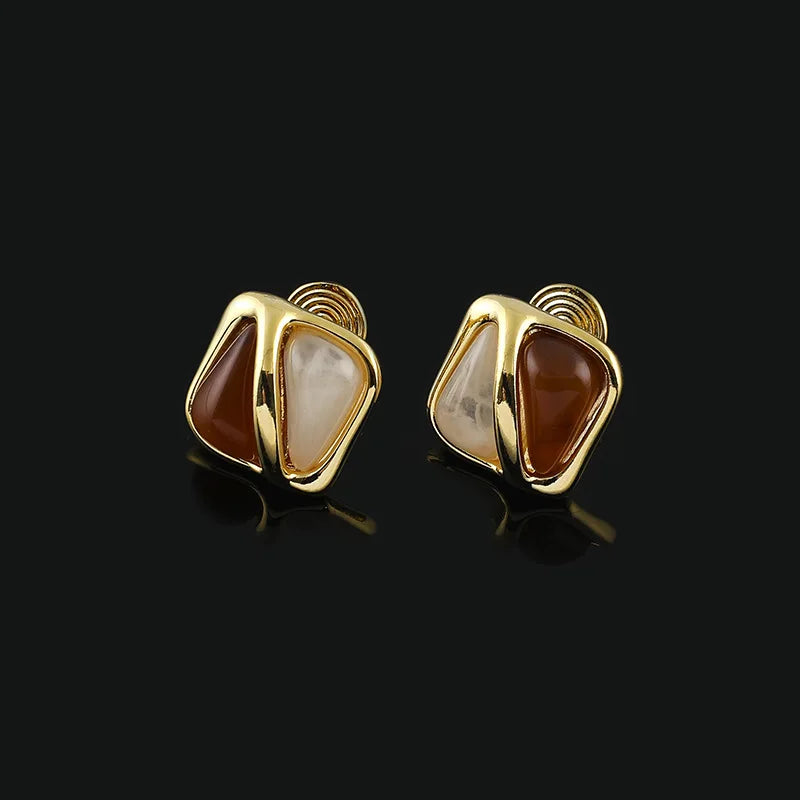 Elegant Geometric Square Alloy Enamel Maillard Stud & Clip On No Piercing Commuter Statement Earrings