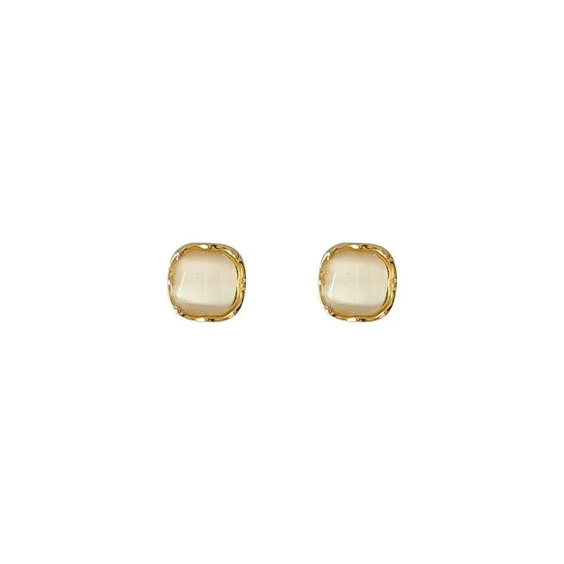 Minimalist 14K Plated Copper Square Glass Cat Eye Stone Stud Earrings With Silver Plated Pins