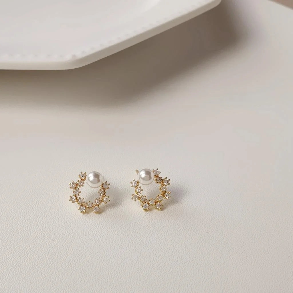 14K Gold Plated Copper Flower Stud Earrings For Women Micro Pave Zircon Hollow Minimalist Jewelry