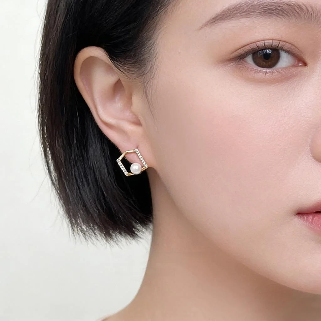 Copper Geometric Stud Earrings With Micro Pave Zircon, Pearl Hollow Line Minimalist Luxury Style