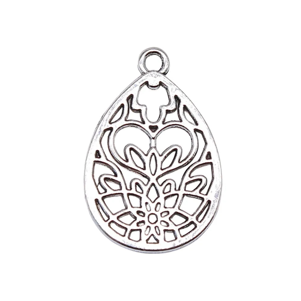 27x18mm 1.9g Zinc Alloy Openwork Waterdrop Teardrop Hollow Earring Charms with Floral Pattern for DIY Jewelry Making