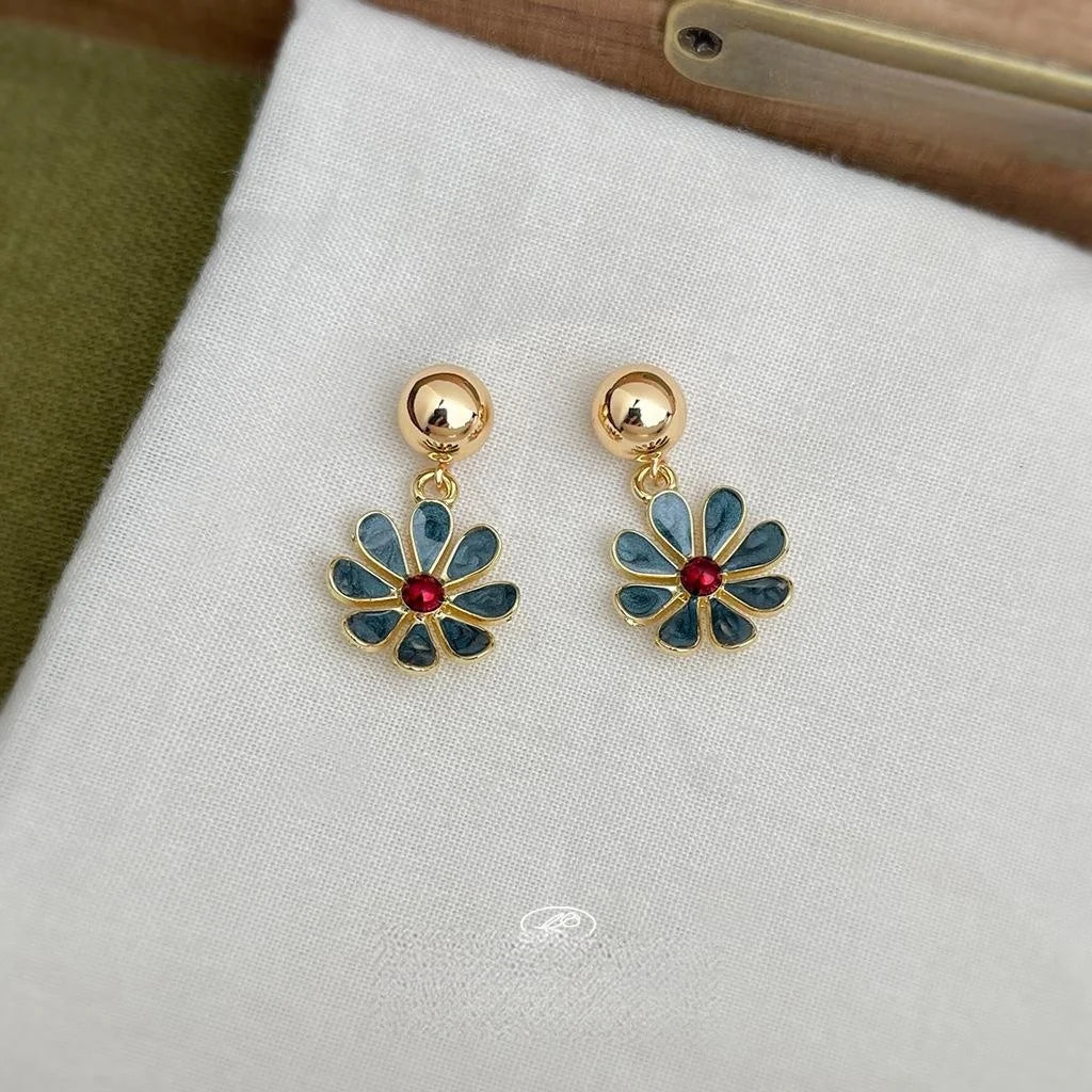 Gold Plated Copper Haze Blue Enamel Flower Petal Drop Earrings For Women Elegant Minimalist Office Jewelry