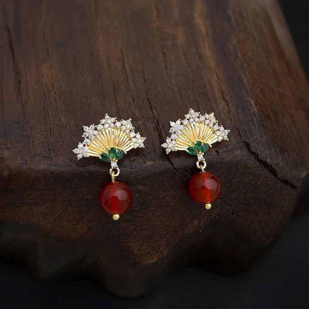 Original Chinese Style Micro Pave Zircon Fan Red Agate Ethnic Drop Earrings
