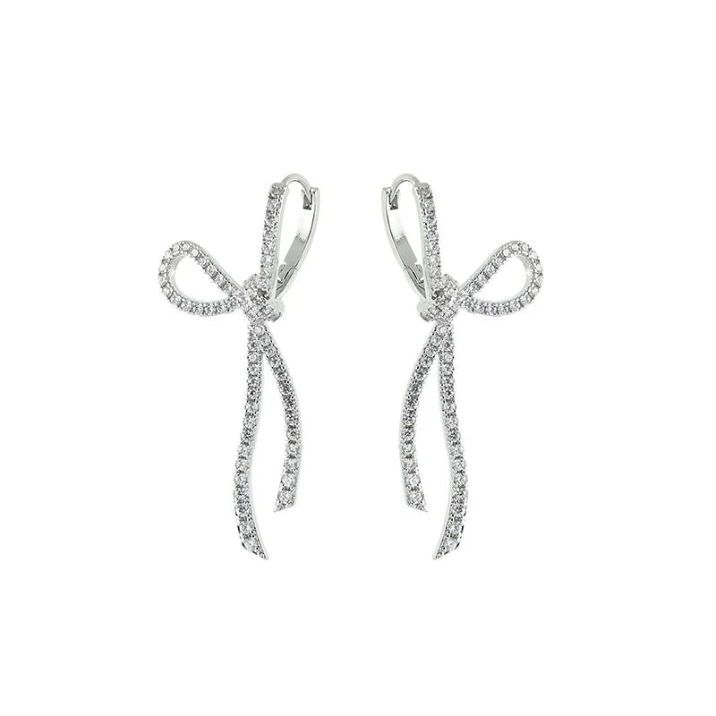 Luxury Rhinestone Bow Drop Stud & Clip On No Piercing Earrings For Women Elegant Alloy Ribbon Earrings