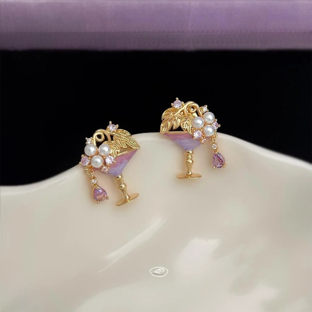 Designer Wine Glass Micro Pave Zircon Copper Stud Earrings Sweet Chic Jewelry