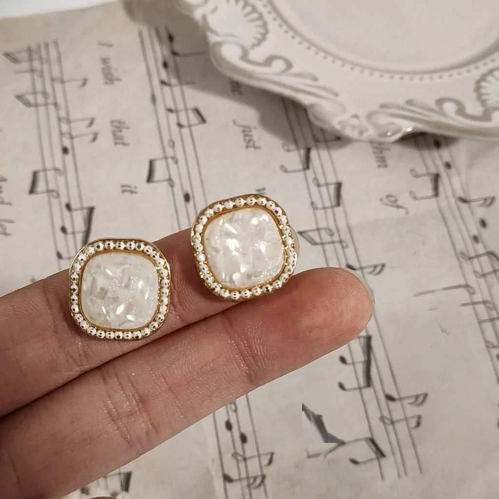 Vintage 14K Gold Plated Copper White Shell Geometric Square Drop Earrings For Women