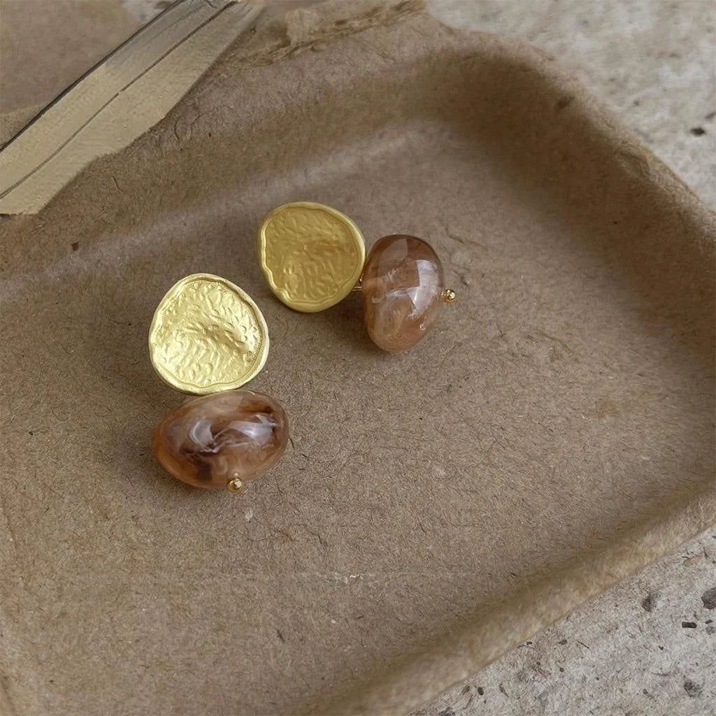 Vintage Hong Kong Style Irregular Geometric Copper Stud Earrings Hammered Brown Metal