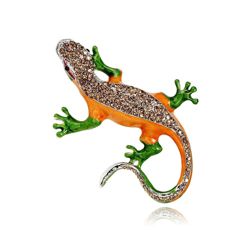 Luxury Enamel Gecko Lizard Brooch With Champagne Rhinestones, Elegant Lapel Pin Corsage Suit Accessory
