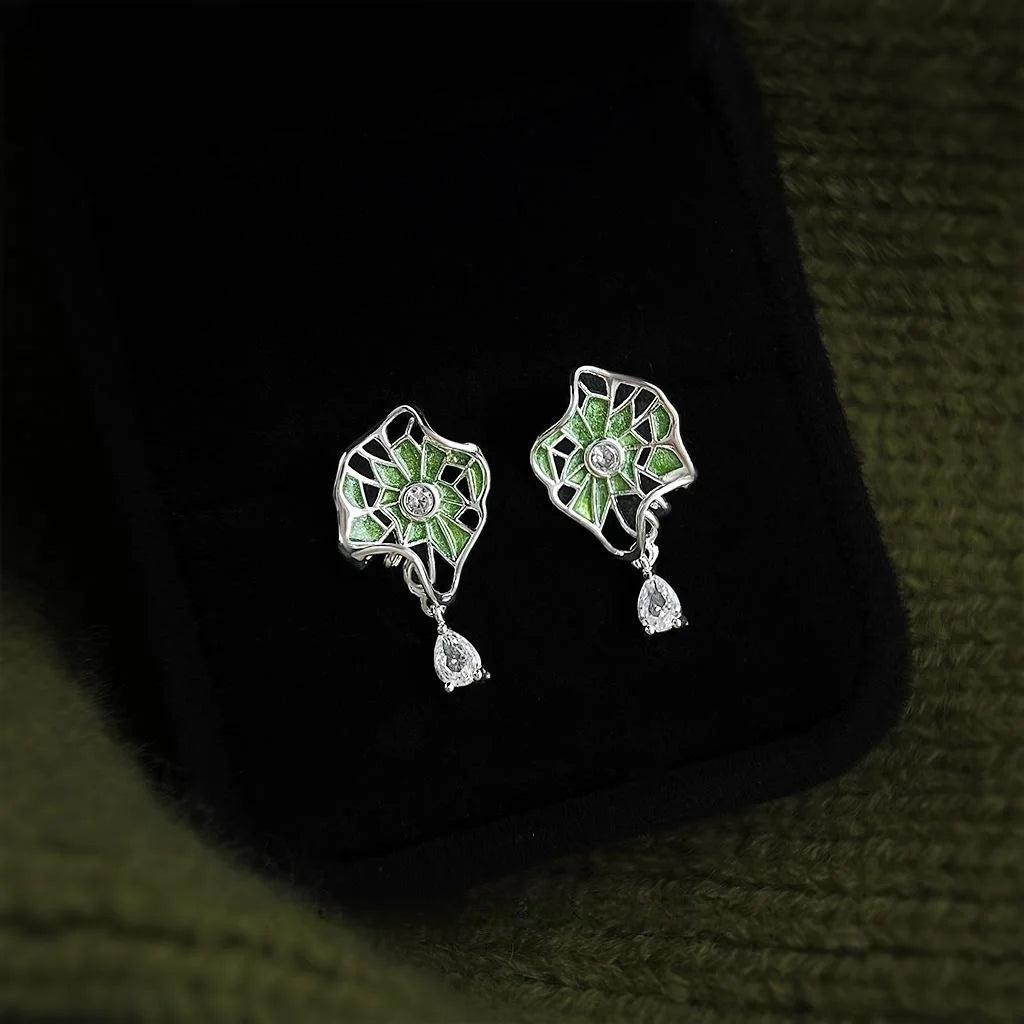 Niche Original Design Micro Pave Zircon Enamel Green Lotus Leaf Drop Earrings
