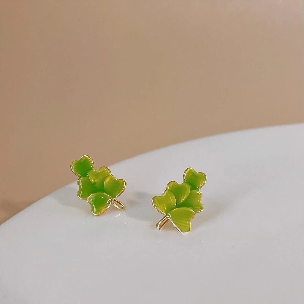 Fresh Forest Style Copper Enamel Heart Leaf Flower Stud Earrings for Women