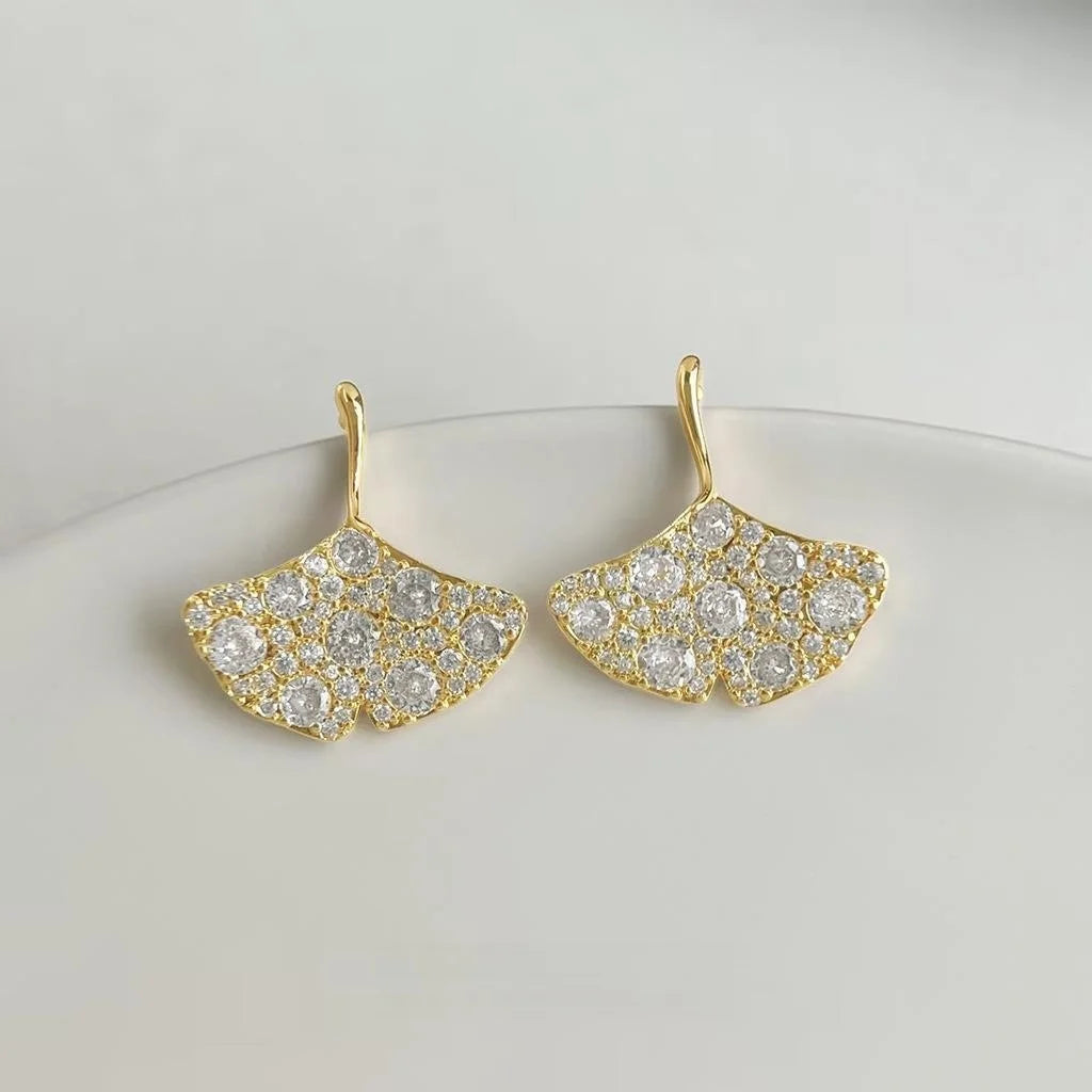 Light Luxury Micro Pave Zircon Ginkgo Leaf Copper Stud Earrings Elegant Floral Jewelry
