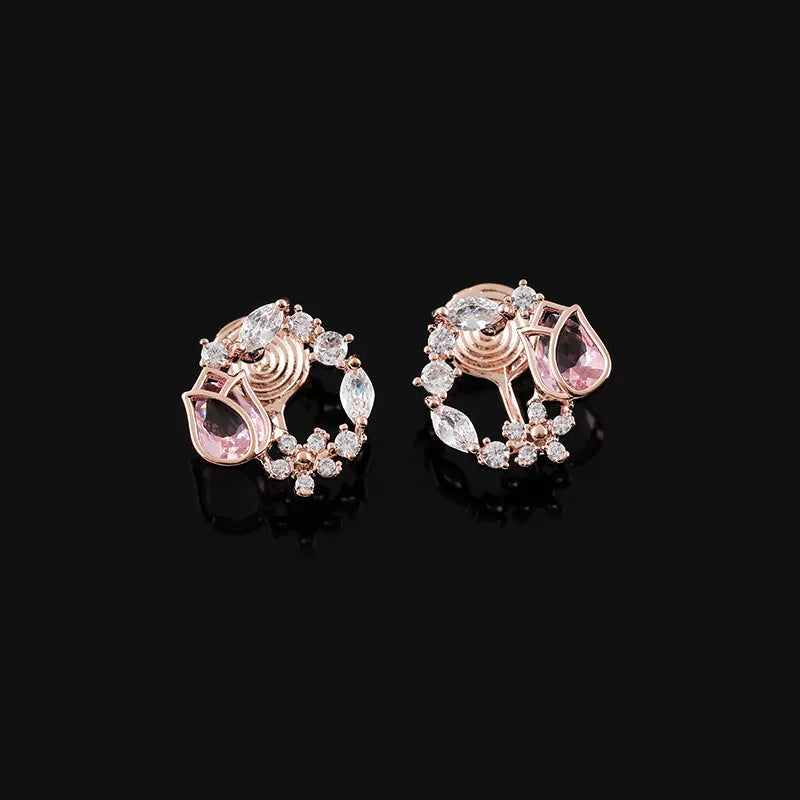 Elegant Pink Tulip Wreath Zircon Stud & Clip On No Piercing Rose Gold Floral Hoop Earrings