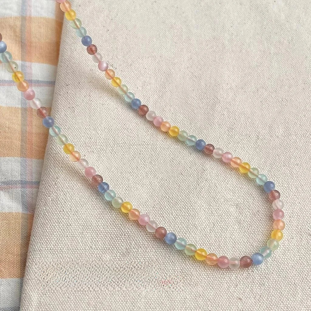 Glass Cat Eye Stone Sweet Dopamine Colorful Beaded Geometric Round Collarbone Necklace For Women