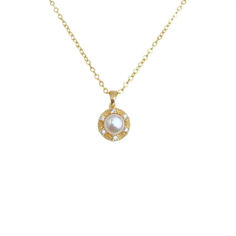 18K Gold Plated Copper Freshwater Pearl Micro Pave Zircon Geometric Collarbone Necklace For Women