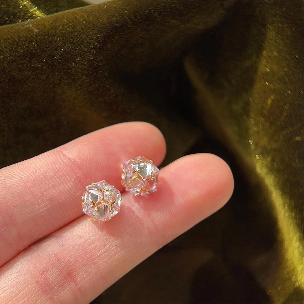 14K Plated Copper Round Geometric Zircon Stud Earrings Light Luxury Style