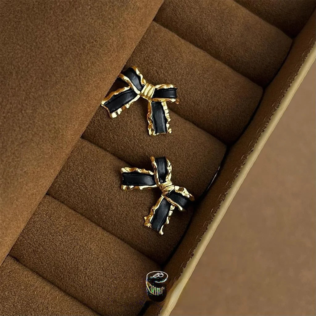 French Vintage 14K Gold Plated Copper Bow Stud Earrings With Enamel Drip Oil Design
