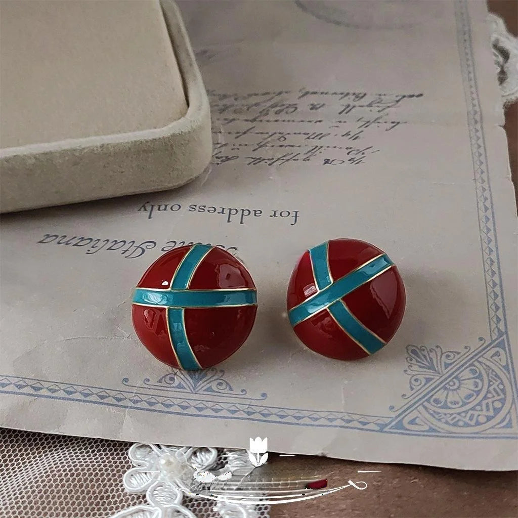 French Burgundy Enamel 14K Plated Copper Round Geometric Stud Earrings Vintage Hong Kong Style