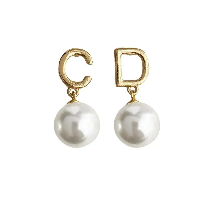 French Luxe Asymmetric Letter Pearl Drop Earrings Copper Hepburn Style Geometric Jewelry