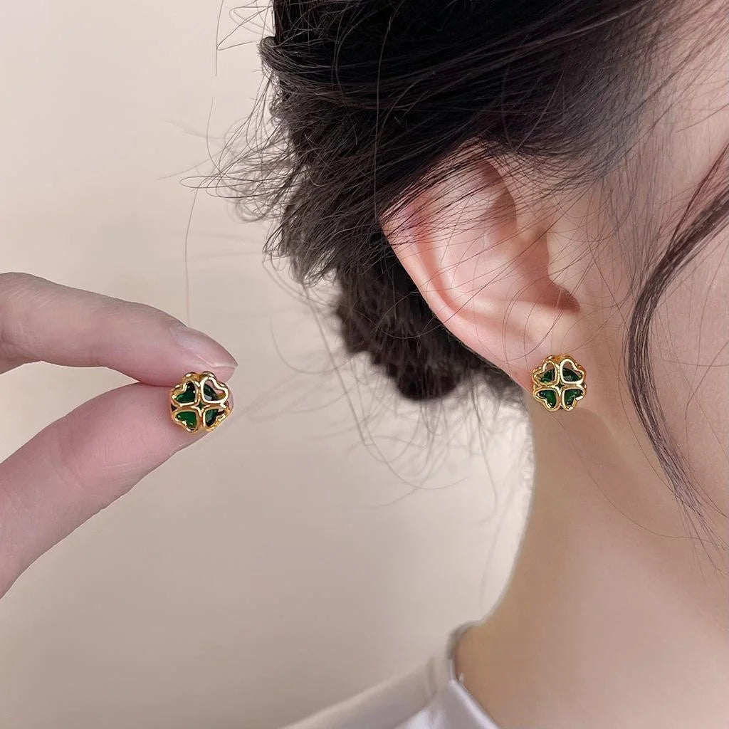 18K Gold Plated Copper Flower Stud Earrings Green Zircon Flower Leaf Design