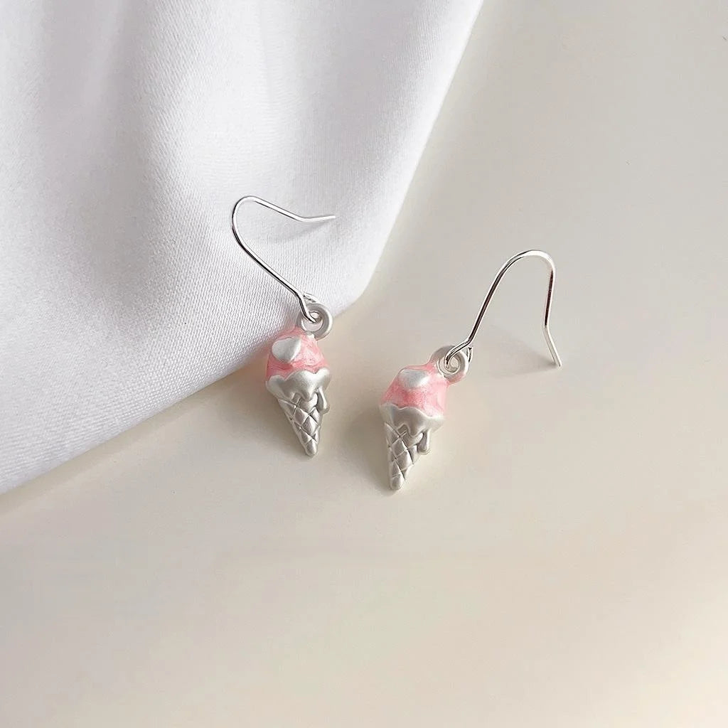 Cute Pink Melting Ice Cream Cone Copper Drop Earrings, Korean Summer Sweet Novelty Jewelry