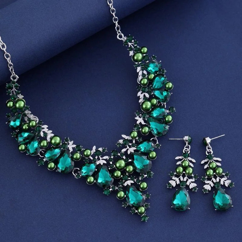 Luxury Rhinestone Crystal Pearl Drop Earrings And Necklace Jewelry Set For Women Wedding Party Banquet Gift