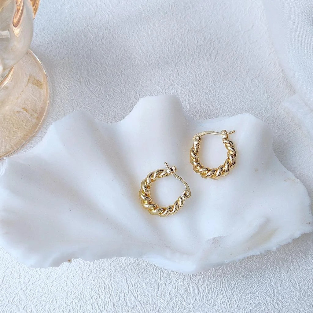 14K Gold Plated Copper Twisted Hoop Earrings Korean Style Small Versatile Jewelry For Women