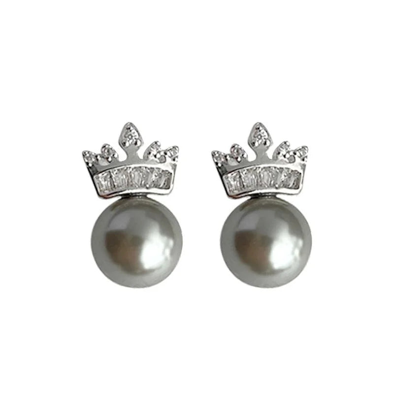French Light Luxury Copper Glass Pearl Crown Stud Earrings With Micro Pave Zircon