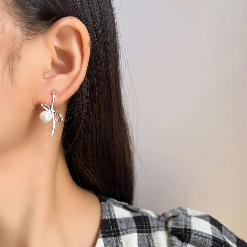 Elegant Silver Alloy Bowknot Pearl Stud & Clip On No Piercing Unique Gentle Fashion Earrings